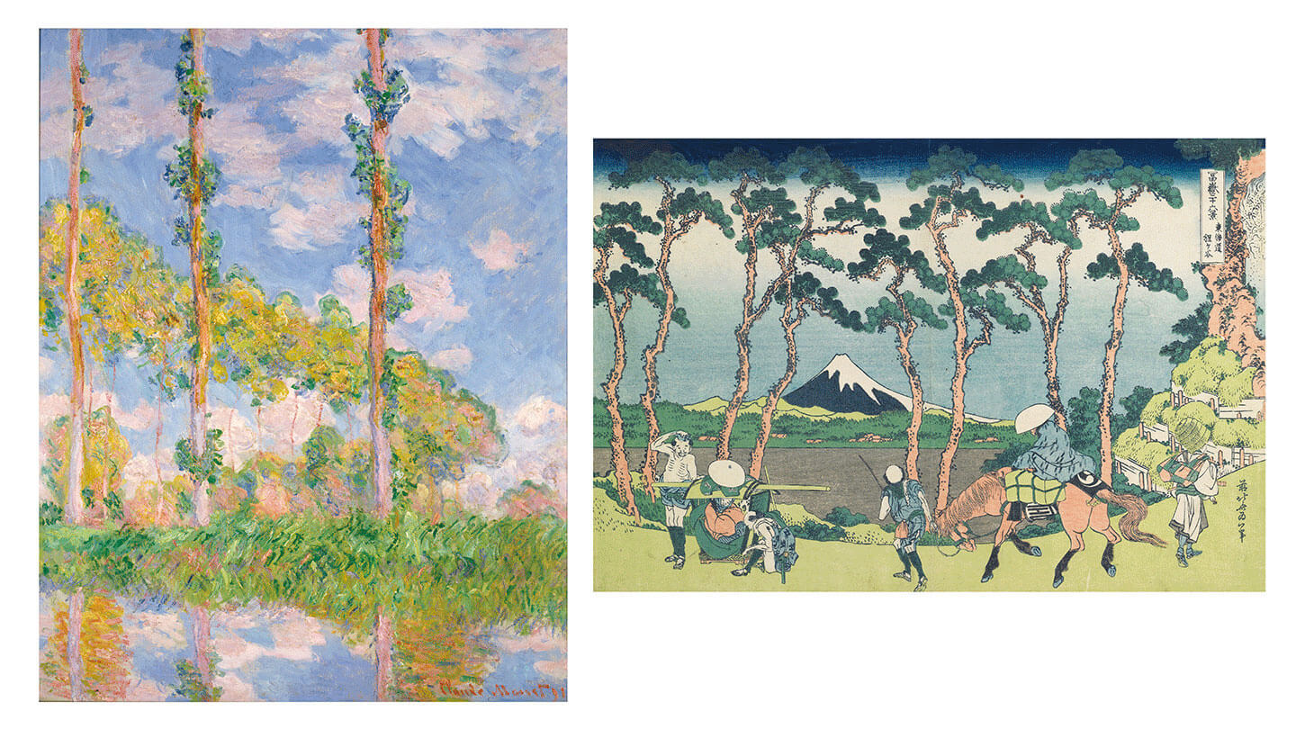 左/クロード・モネ《陽を浴びるポプラ並木》1891年 油彩、カンヴァス 93×73.5cm 国立西洋美術館(松方コレクション)