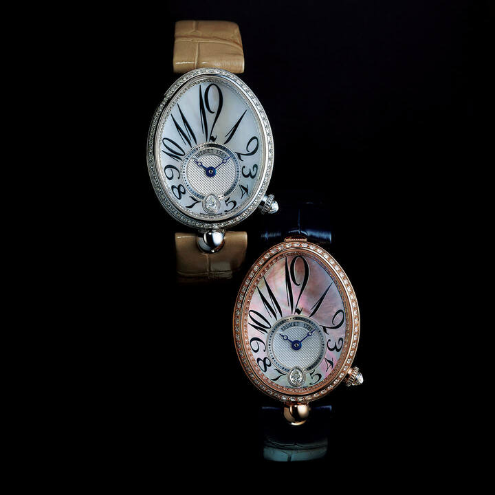 時計『クイーン・オブ・ネイプルズ 8918』［ケースサイズ縦36.5×横28.45㎜ アリゲーターストラップ自動巻き］ 上／白いマザー・オブ・パールでピュアな煌（きらめ）きを。￥3,910,000［ホワイトゴールド×ダイヤモンド］・別注ストラップ￥65,700・下／タヒチ産のマザー・オブ・パールが奥行き感を与えて。￥3,800,000［ローズゴールド×ダイヤモンド］（ブレゲ ブティック銀座）