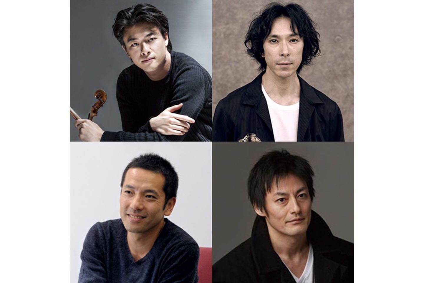 左上から反時計回りに/ヴァイオリニスト 郷古 廉氏、劇作家・演出家 シライケイタ氏、俳優 山口馬木也氏、バレエダンサー 首藤康之氏