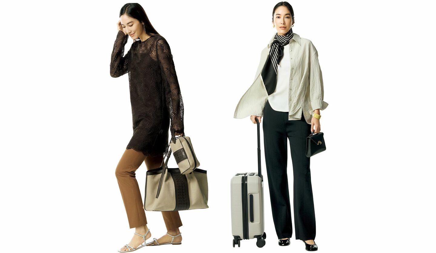 快適性と美しさを兼ね備えたニットパンツの装いと、上質なレーストップスの装い