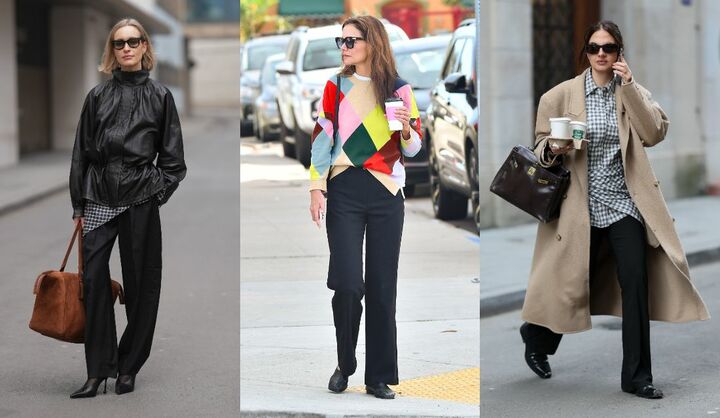 海外セレブのチェック柄×黒パンツコーデ