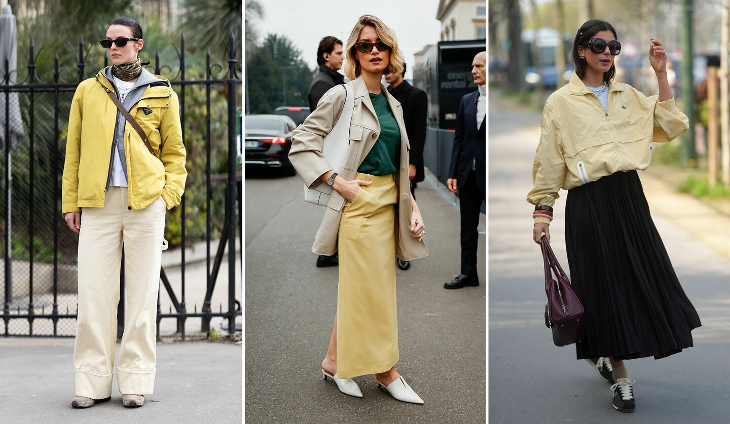 イエローをメインに着こなすファッションウイークにいたモデル、ジュリア・アリーナ、パリファッションウィークにいたゲスト