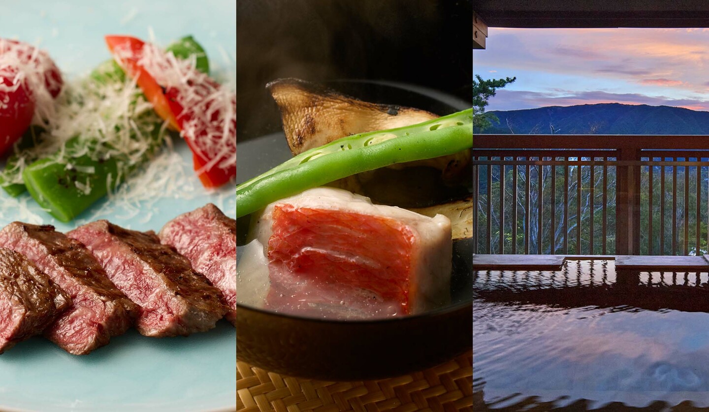 旅館「円かの杜」の宿泊プラン「水円 suien」で提供される肉・魚料理と客室の露天風呂からの眺め