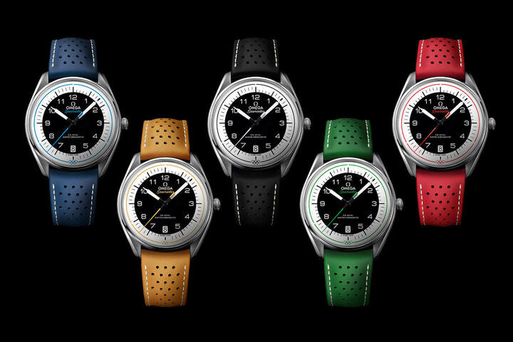 五輪カラーをスポーティでラグジュアリー感のあるストラップに。オメガ シーマスター オリンピック コレクション各￥580,000（税抜）[世界限定 各色 2,032本]