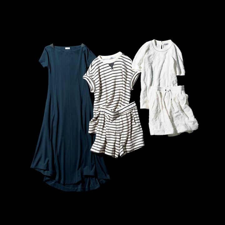 写真左より、コットンジャージーのドレス￥278,000、ベージュ×ブラックのストライプトップス￥122,000・同素材のパンツ￥116,000、フラワージャカードトップス￥133,000・同素材のパンツ￥110,000（ブルネロ クチネリ ジャパン）　[Precious2020年7月号113ページ]