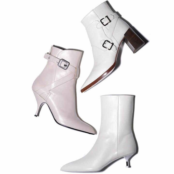 ブーツ￥135,000【ヒール：7cm】［カーフレザー］（トッズ・ジャパン）、ブーツ￥127,000【ヒール：8cm】［キッド］（ボッテガ・ヴェネタ ジャパン）、ブーツ￥126,000【ヒール：4cm】［カーフレザー］（シジェーム ギンザ〈ジル・サンダー〉）　[Precious2018年11月号147ページ]