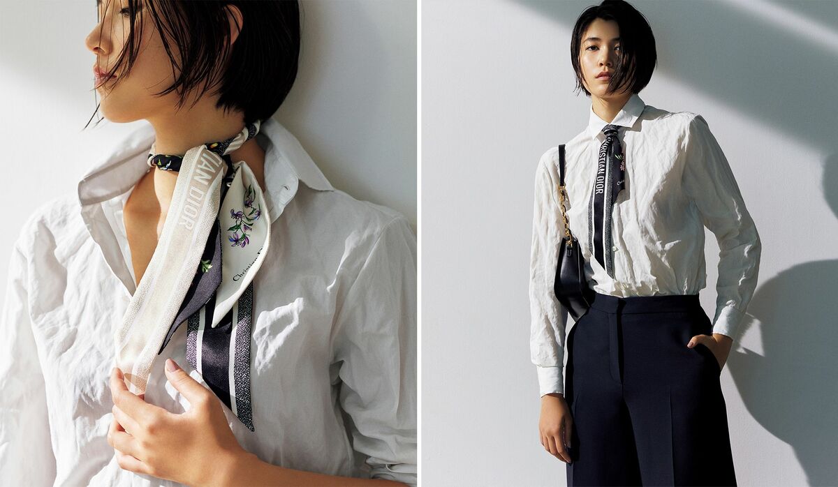 シャツ」の表情を華やかに引き立てるスカーフアレンジ｜大袈裟に