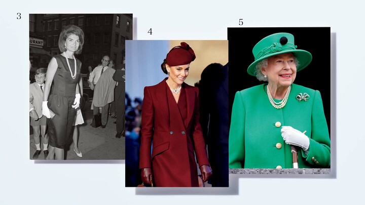 パールを着用したジャクリーン・ケネディ・オナシス、キャサリン皇太子妃、エリザベス女王