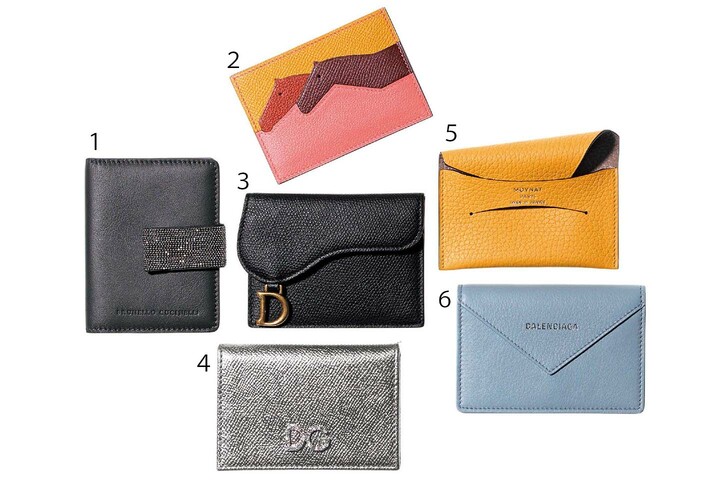 カード＆名刺入れ１.￥98,000【縦12.5×横9.5×マチ2.5cm】（ブルネロ クチネリ ジャパン）、２.￥90,000【縦7×横10.5×マチ0.35cm】（エルメスジャポン）、３.￥38,000【縦7×横10.5×マチ2cm】（クリスチャン ディオール〈ディオール〉）、４.￥31,000／予定価格【縦7.5×横10.5×マチ1cm】（ドルチェ＆ガッバーナ ジャパン）、５.￥31,600【縦7×横10.5×マチ0.5cm】（モワナ メゾン GINZA SIX）、６.￥33,000【縦7.5×横11×マチ2cm】（バレンシアガ ジャパン）　[Precious2019年1月号137ページ]