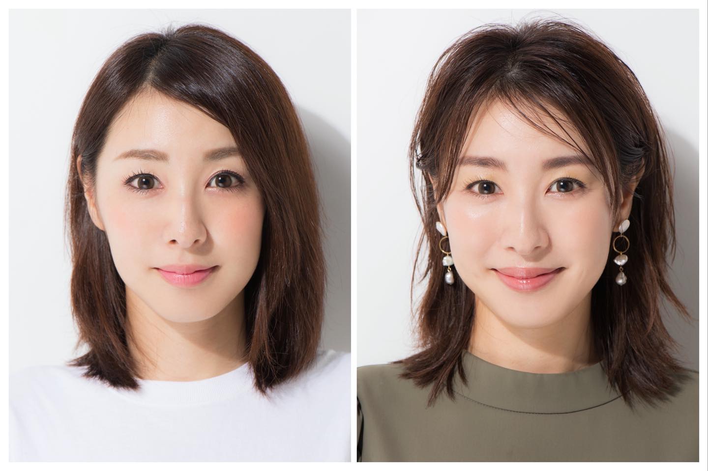 明るいブラウンで自眉に沿って描いた尻すぼみでやや短めの眉は、顔の余白が強調され、面長をカバーしきれていない。長井メイクでは、ダークトーンの平行眉にシフトして、顔がキュッとコンパクトに見える。