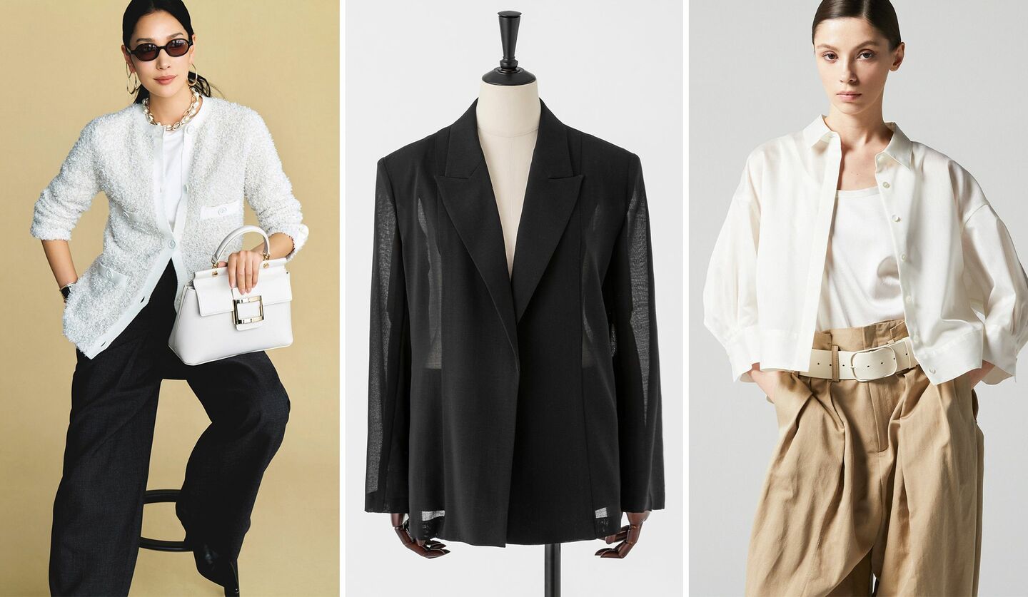 2026年4月号で購入したいものNo.1に選ばれたオーヴィルのジャケットを着たモデルカットと新作羽織もの2着