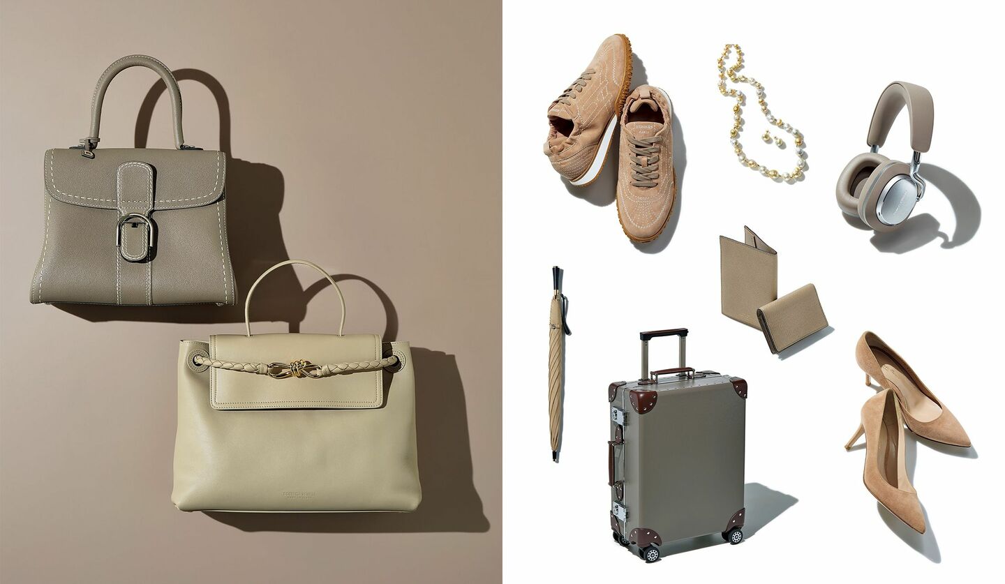 デルヴォーとボッテガ・ヴェネタのバッグ、パールのネックレス、シャネルの香水、ディオールのネイルなどベージュ小物6点