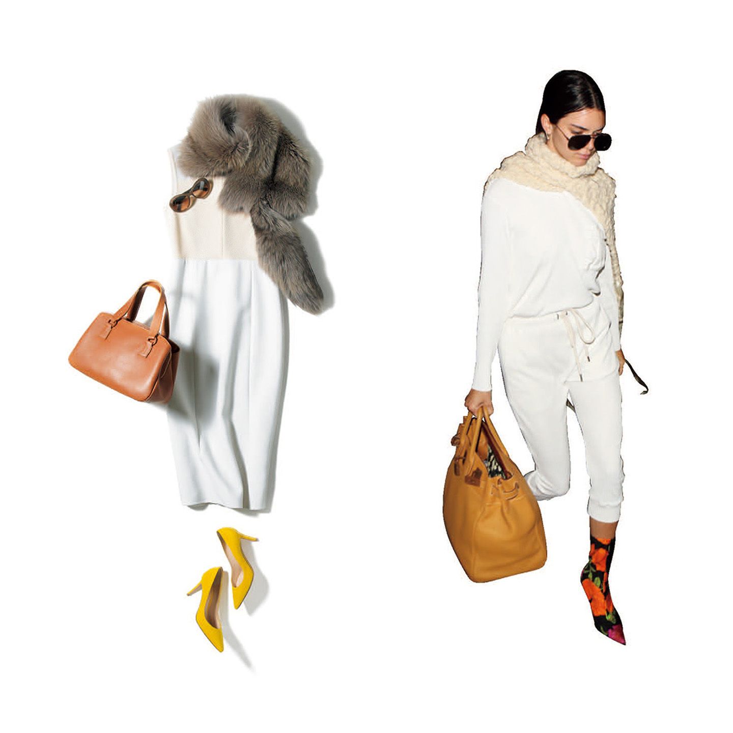 左/ワンピース¥285,000(三喜商事〈アニオナ〉)、ストール¥98,000(ADORE)、サングラス¥37,000(シャネル アイウェア事業部)、バッグ¥88,000(yoshie inaba)、靴¥76,000(ジャンヴィト ロッシ ジャパン)右/ケンダル・ジェンナー ©AFLO