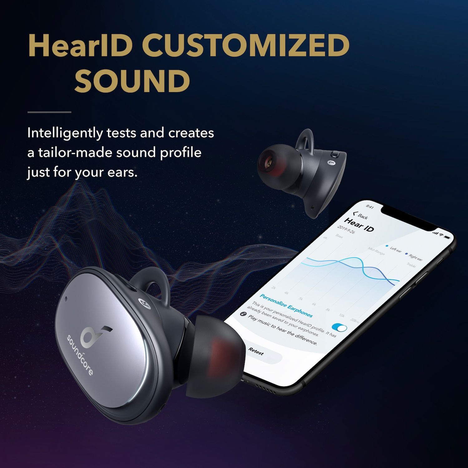 Soundcoreのアプリ上で音の聞き取りやすさを測定。ユーザーのHearing Profileを自動で作成する画期的な機能も備えている。
