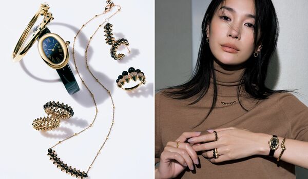 シンプルニットの装いも「カルティエ」のジュエリー＆ウォッチで、瞬時にモードアップ！エッジの効いたブラックを繊細に散りばめて