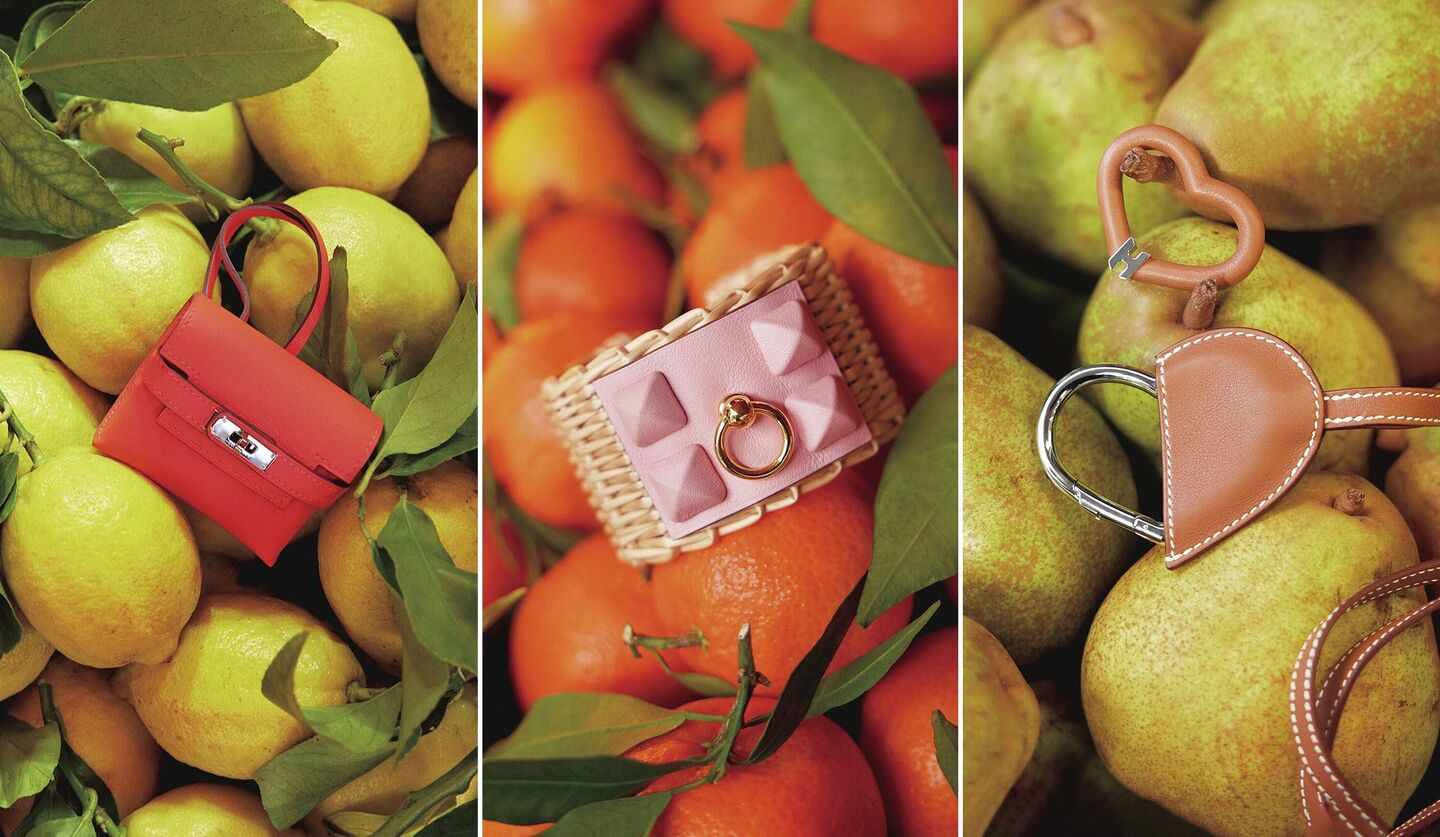 果物をバックにエルメスの小物『ケリー・フェスティバル』『メドール・ピクニック』『オ・クール・デュ・フォーブル』の写真