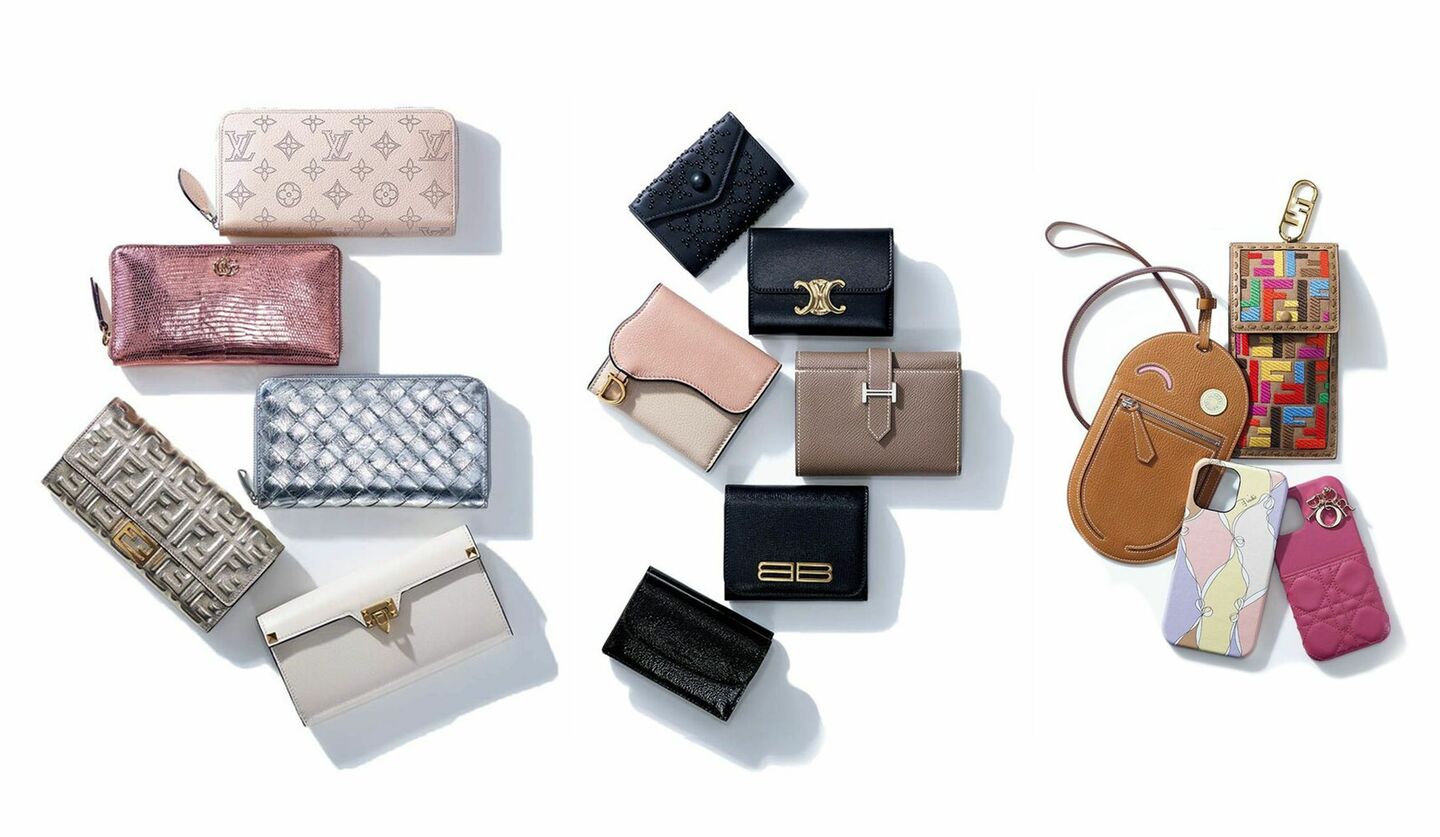 華やかなカラーの長財布とシックなデザインの三つ折り財布、スマートフォンケース