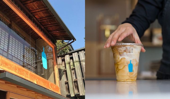 ブルーボトルコーヒー 京都カフェの外観とアイスコーヒー