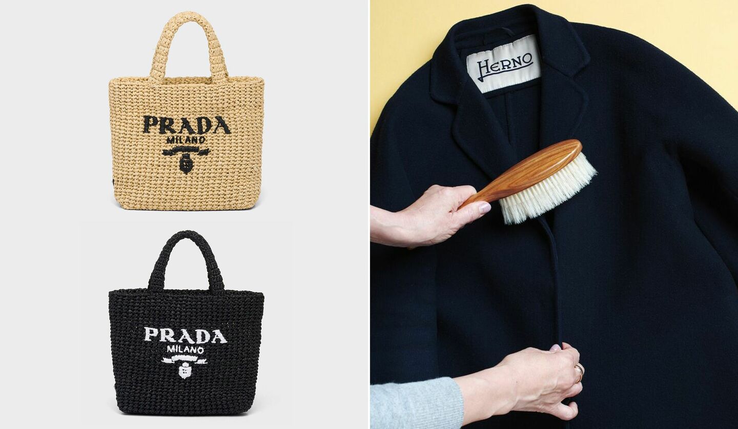 「プラダ」の『ラフィア トートバッグ』、「ヘルノ」のコートをブラッシングしている写真