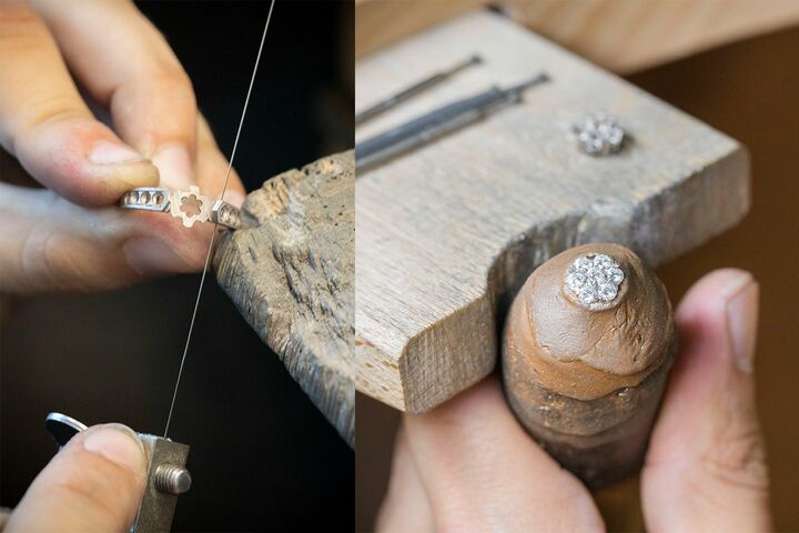 左/糸鋸を用いてリングに細工を施す作業 右/「フルーレット」リングのダイヤモンドの花冠