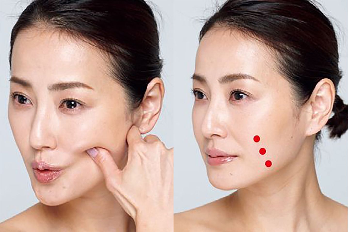 頬骨の下、口を開閉したときに動くのが「咬筋」。この咬筋のヘリのくぼんだ部分を頬とは反対側の親指でとらえる。ほかの指は軽く握ってエラに引っかける。咬筋に沿って、親指を上から下にずらしながら、合計3か所行う。反対側も同様に行って。