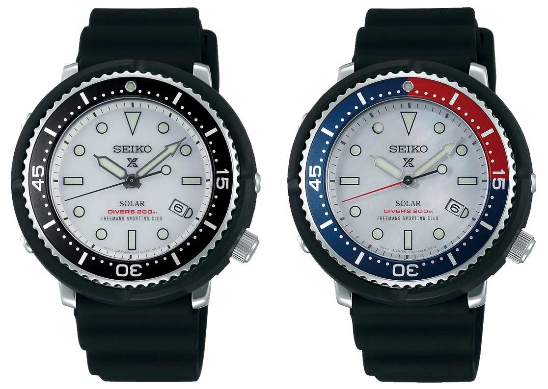 【セイコー プロスペックス『Diver Scuba LOWERCASE Special Edition FREEMANS SPORTING CLUB Exclusive Model』】モノトーンでまとめたSTBR033(写真右)と、「レッド×ブルー」のベゼルに白蝶貝ダイヤルを合わせたSTBR031(写真左)の2機種でラインアップ。●ソーラー(V147)ムーブメント ●ケース径42.7mm×厚さ11.5mm ●200m潜水用防水 ●ステンレススチール(ケース・裏ぶた)z強化プラスチック(プロテクター)¥40,000(STBR033)※4月中旬発売・¥50,000(STBR031)※6月下旬発売(URオンラインストア専用カスタマーサポート)