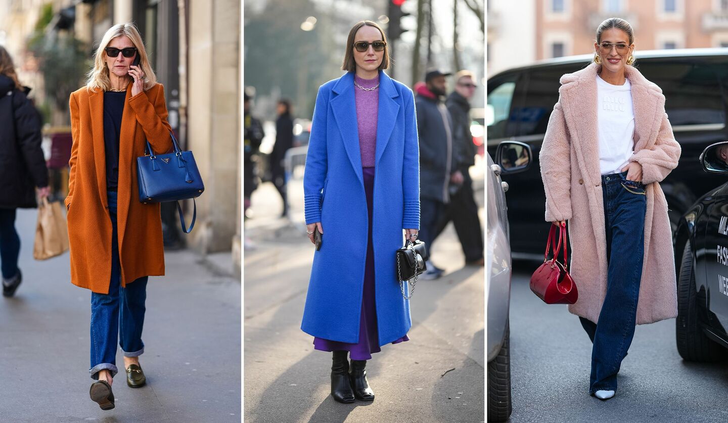 カラーコートを着こなすパリコレクションのゲストふたりとエミリー・シンドレフ