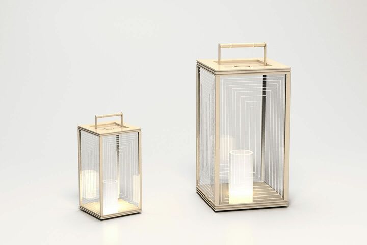 ランタン PICNIC 左[小]￥300,000（予定価格）【縦15×横15×高さ29cm】、右[大]￥420,000（予定価格）【縦25×横25×高さ48cm】