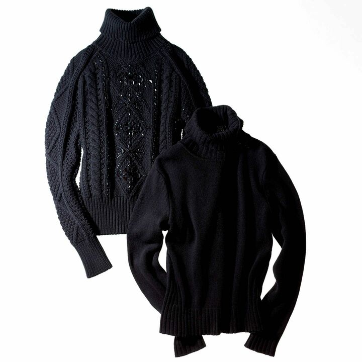 上から／ニット［素材：ウール］（エミリオ・プッチ カンパニー）、ニット［素材：ウール35％・レーヨン30％・カシミヤ20％・ナイロン15％］（マックスマーラ ジャパン〈マックスマーラ〉） 