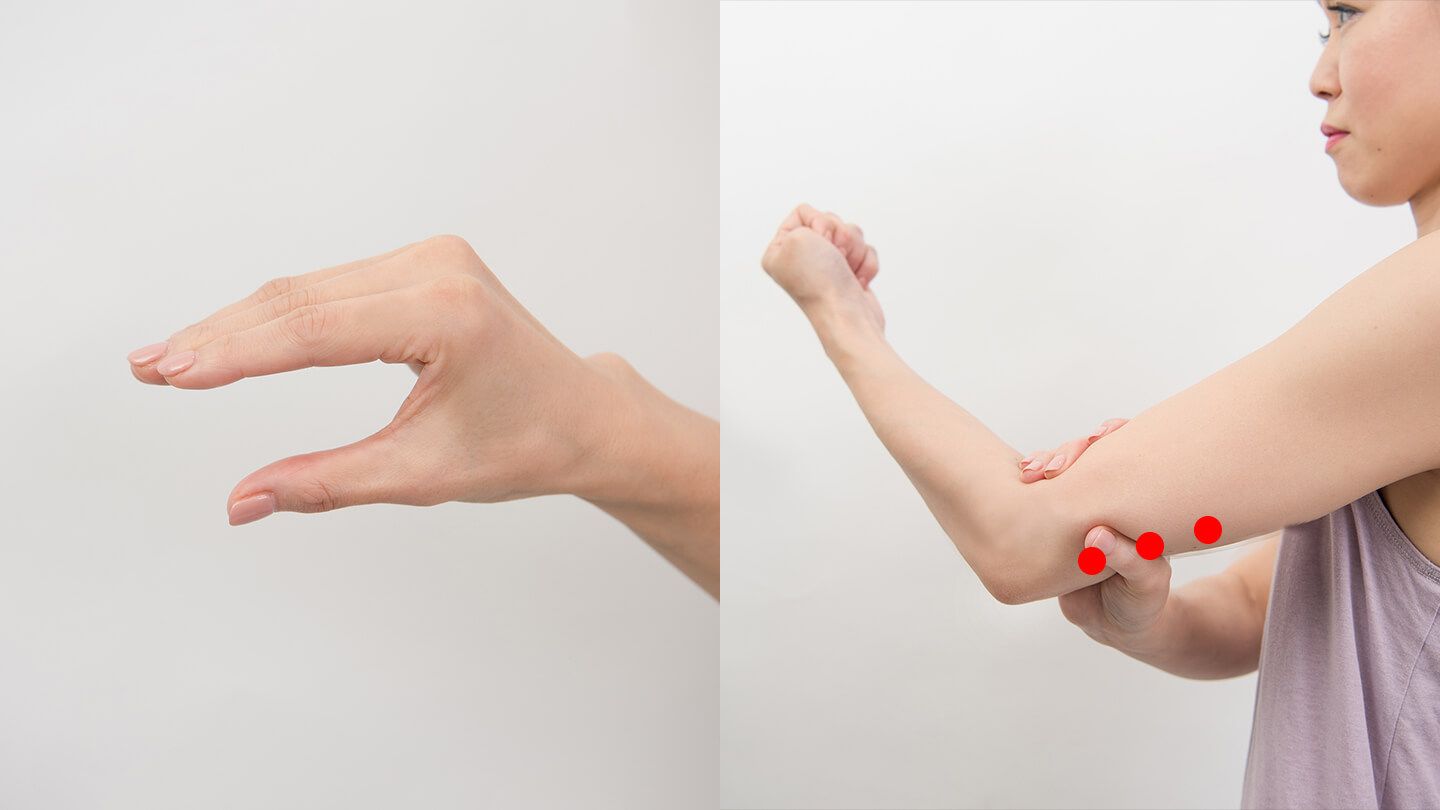 手の形と手で二の腕をつかんでいる様子