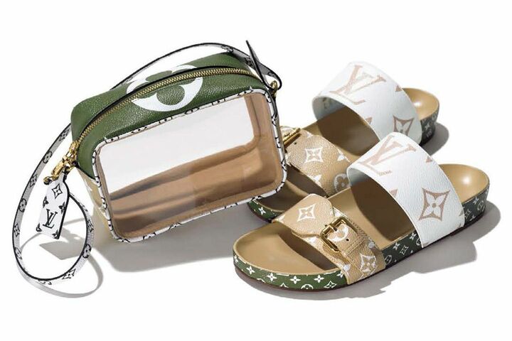 ポーチ「ビーチ・ポーチ」￥90,000【縦11×横16.5×マチ8cm】・サンダル「ボンディア・ライン ミュール」￥98,000【ソール2cm】（ルイ・ヴィトン）　[Precious2019年6月号100ページ]